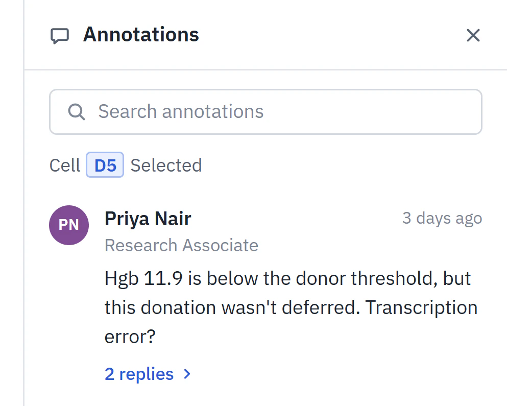Close-up of the Annotations sidebar: Search annotations, a selected cell label, and an annotation with a replies link.